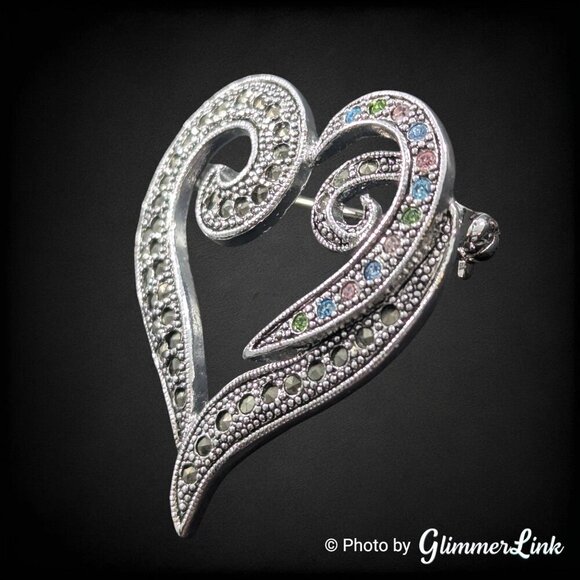 Openwork Heart Scroll Faux Marcasite Multicolor Rhinestone Silver Tone Brooch - Picture 3 of 8